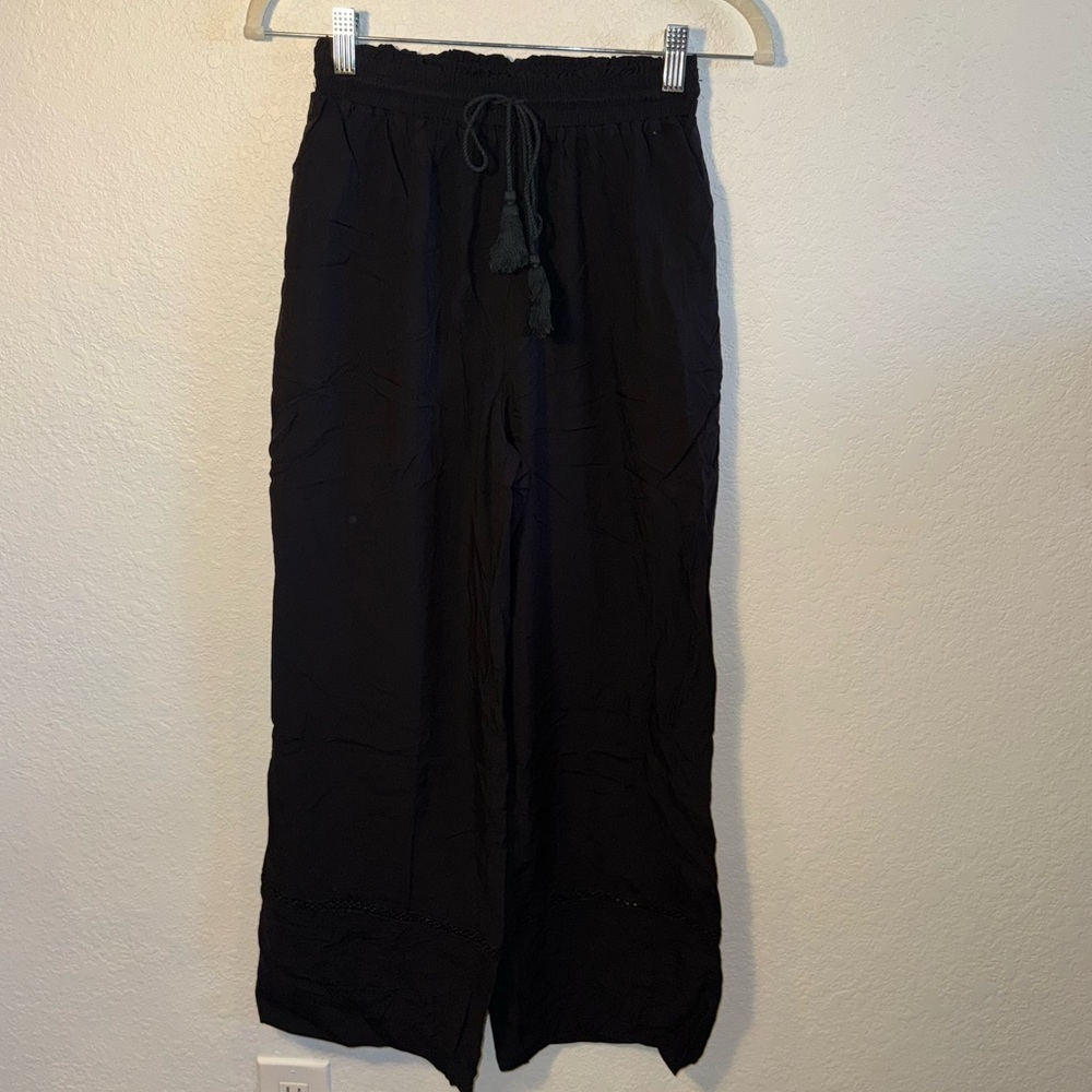 Allegra K Black Tie Waist Cropped Wide Leg Boho Pull On Ladder Lace Pants Small